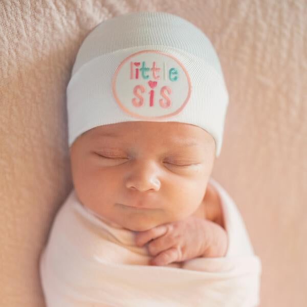 Little Sis Newborn Baby Girl Hospital Beanie Hat, Pink and White Striped or Solid White Newborn Hat Infant Beanie Hat