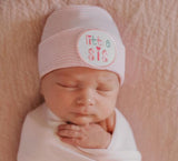 Little Sis Newborn Baby Girl Hospital Beanie Hat, Pink and White Striped or Solid White Newborn Hat Infant Beanie Hat