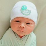 White Newborn Baby Beanie Hat with Just Hatched Baby Dinosaur Egg Patch Infant Hat Newborn Hat