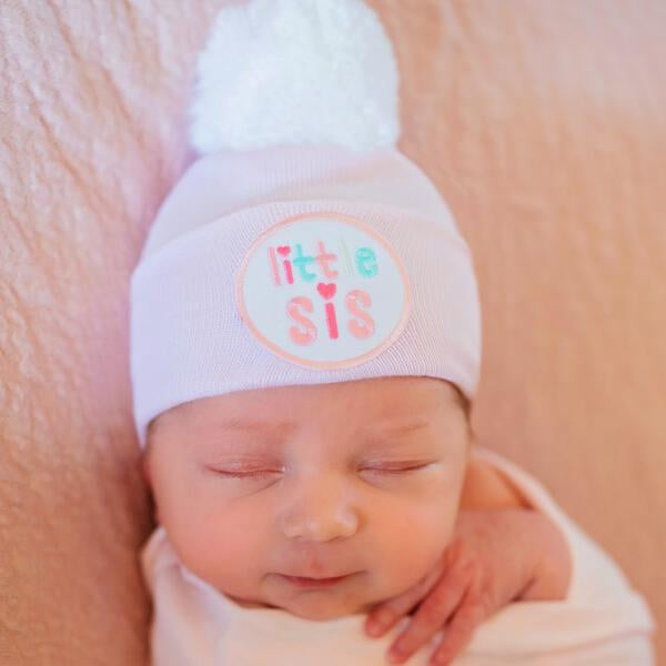 Little Sis Newborn Baby Girl Hospital Beanie Hat with Mixed Pink and White  Pom Pom Infant Hat Newborn Hat, White, 0-3 Month Size