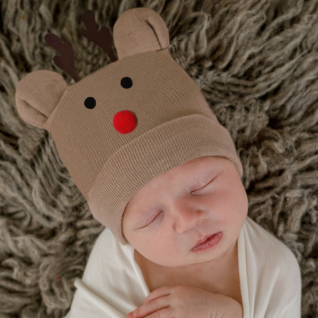 Newborn and Baby Reindeer Hospital Beanie Hat with Red Pom Pom