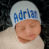 Wide Blue and White Striped Personalized Newborn Boy Beanie Hat, Infant Hat Newborn Hat