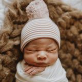 Newborn Baby Boy Hospital Nursery Beanie Hat With Mixed White and Tan Pom Pom, Infant Hat Newborn Hat