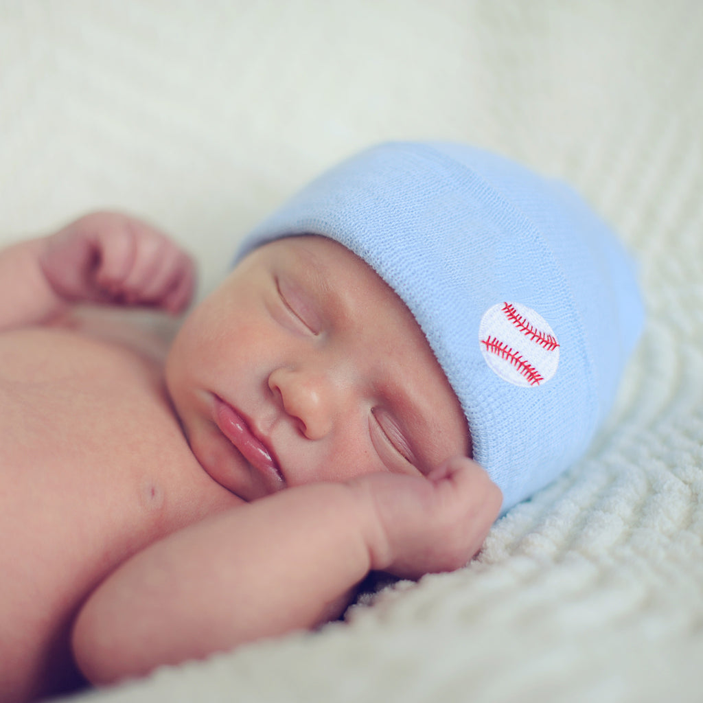 Blue Newborn Beanie Hospital Hat For Newborn Boy, Infant Hospital Hat With Tiny Baseball Patch