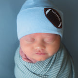 Newborn Baby Boy Hospital Beanie Hat With Chenille Football Patch on Front, White (or Blue) Color Infant Hat Newborn Hat
