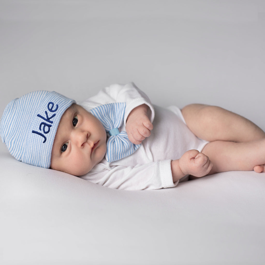 White Striped Newborn Boy Hospital Hat, Bow Tie and Beanie Set, Newborn Take Home Set