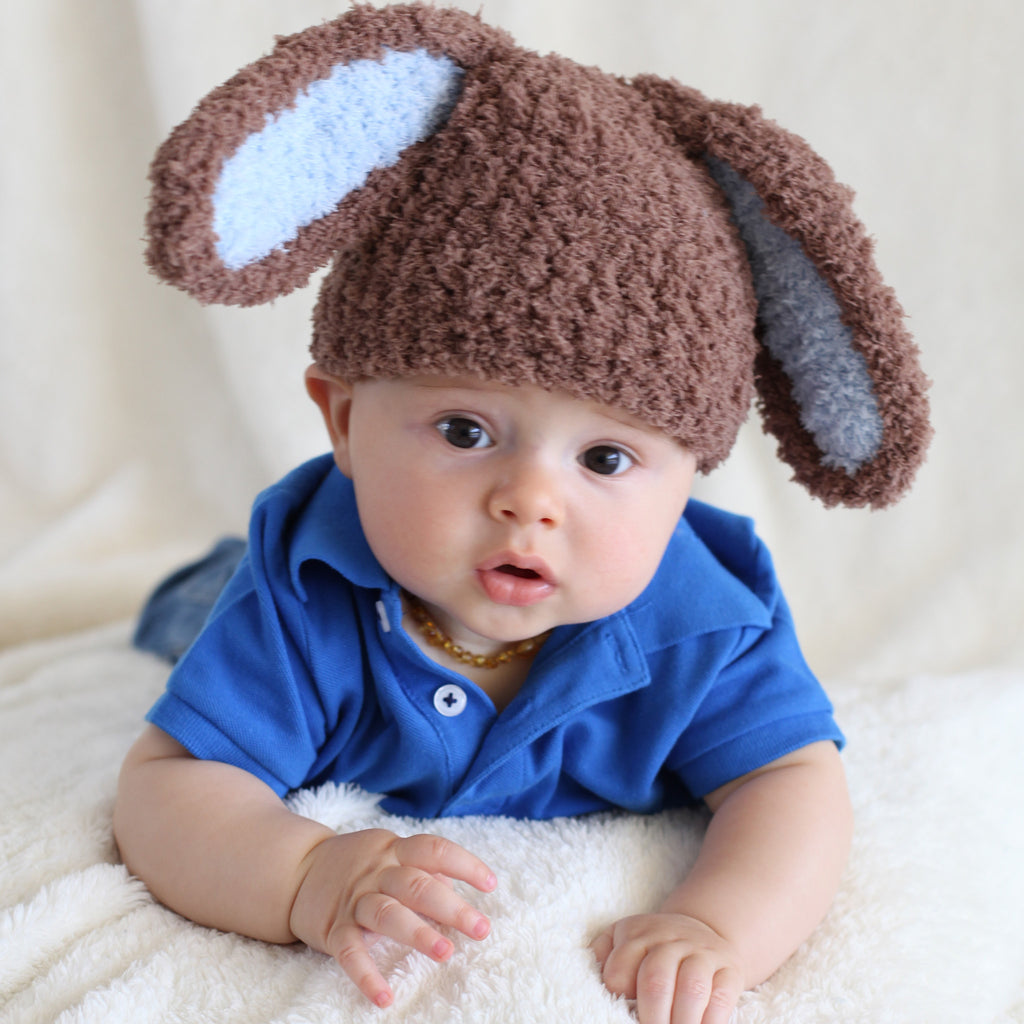 Brown and Blue Baby Boys Crochet Baby Hat With Bunny Bop Infant Winter Hat