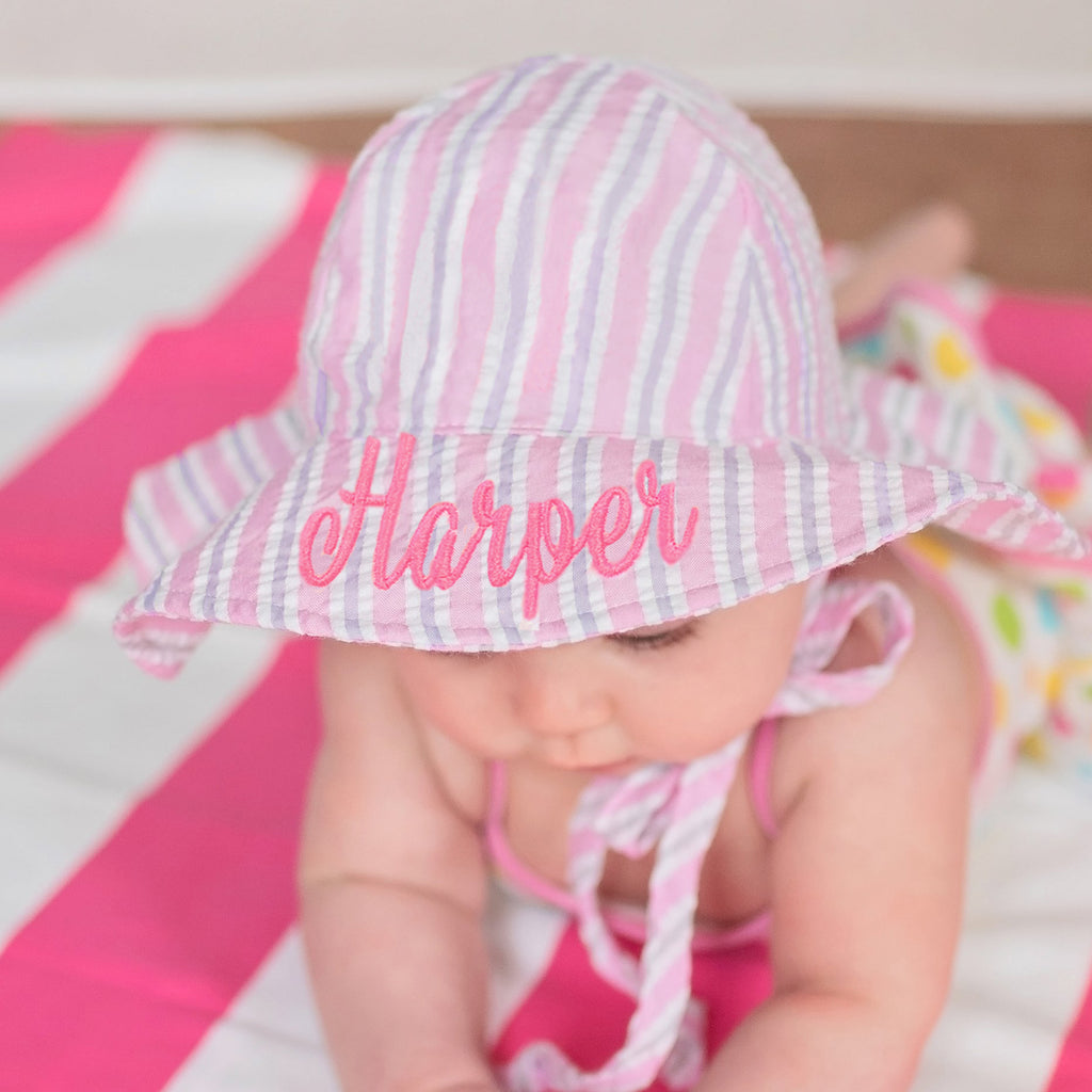Pink and Gray Seersucker Print Baby and Toddler Girl Sun Hat Newborn Hats Infant Summer Hat