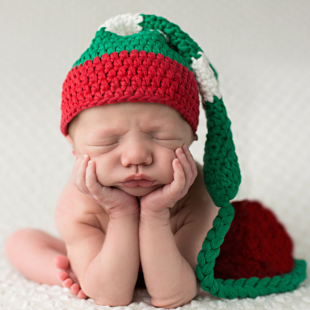 Red Green and White Striped Christmas Stocking Hat with Pom Pom Infant Winter Hat Newborn Crochet Baby Hat