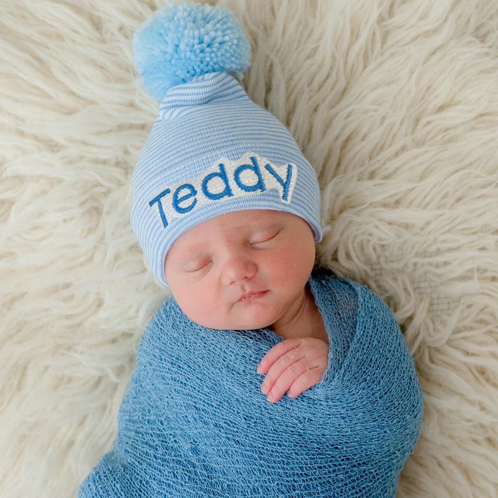 Personalized Striped Blue Hat and BLUE POM POM Newborn Baby Boy Hospital Beanie Hat with Pom Pom