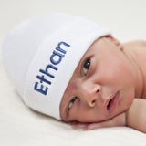 Personalized White Newborn Baby Boy Hospital Beanie Hat with Baby Blue Lettering Newborn Hats Infant Hats