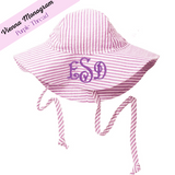 Personalized Pink and White Wide Brim Seersucker Baby Sun Hat Newborn Hat Infant Summer Hat