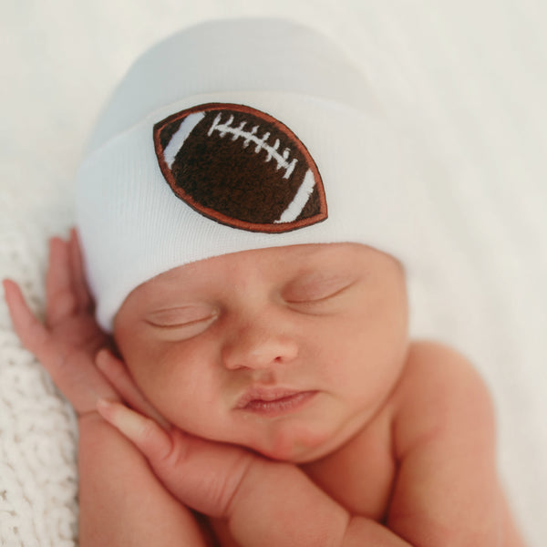 Newborn Baby Boy Hospital Beanie Hat With Chenille Football Patch on Front, White (or Blue) Color Infant Hat Newborn Hat Newborn blue