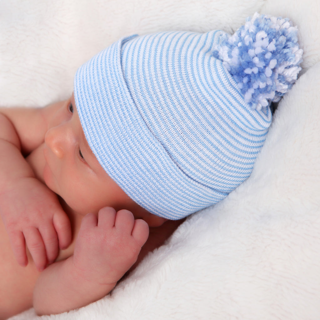 Personalized Striped Blue Newborn Baby Boy Hospital Beanie Hat with Pom Pom