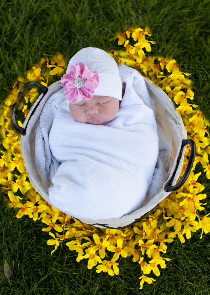White Nursery Beanie Hat with Jeweled Pink Silk Flower for Newborn Baby Girls, Infant Hat Newborn Baby Hat