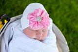 White Nursery Beanie Hat with Jeweled Pink Silk Flower for Newborn Baby Girls, Infant Hat Newborn Baby Hat