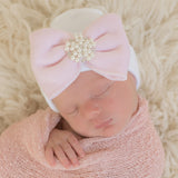 Newborn Baby Girl Hospital Beanie Hat With Pink Bow, White Color Infant Hat Newborn Hat