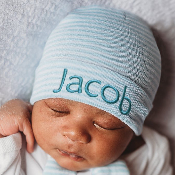 Wide Blue and White Striped Personalized Newborn Boy Beanie Hat, Infant Hat Newborn Hat