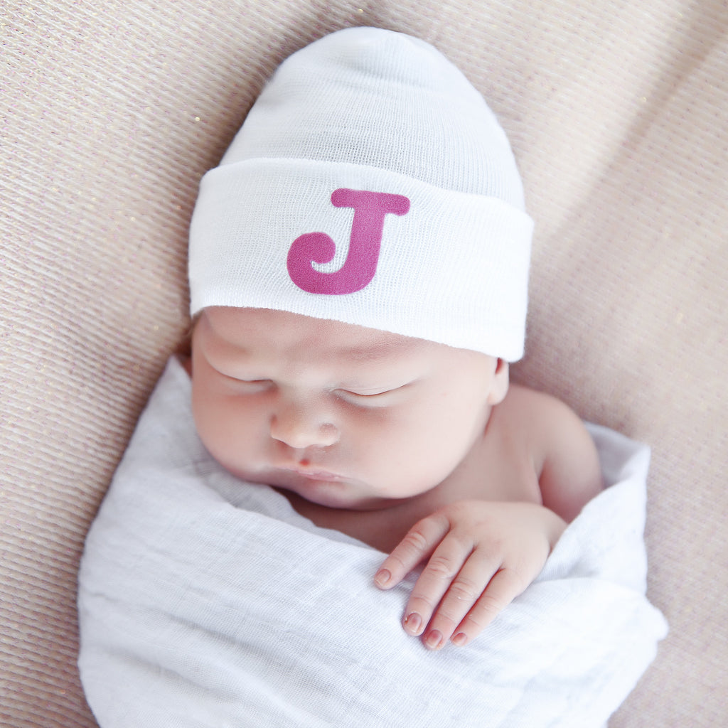 White Newborn Girl Hospital Hat with Bubble Pink Initial Letter Infant Hat Newborn Hat