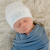 Personalized Shadow Stitch White Newborn Baby Boy Hospital Beanie Hat, Infant Hat Newborn Hat