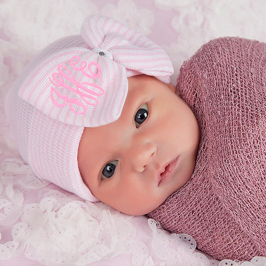 Personalized Pink and White Striped Newborn Baby Girl Nursery Beanie Hat With Big Bow and Gem Infant Beanie Hat
