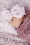 Pink and White Striped Nursery Big Bow with Gem Newborn Girl Hospital Hat Newborn Hat Infant Hat