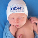 Personalized Blue and White Seersucker Name Newborn Baby Boy White Hospital Beanie Hat, Infant Hat Newborn Hat