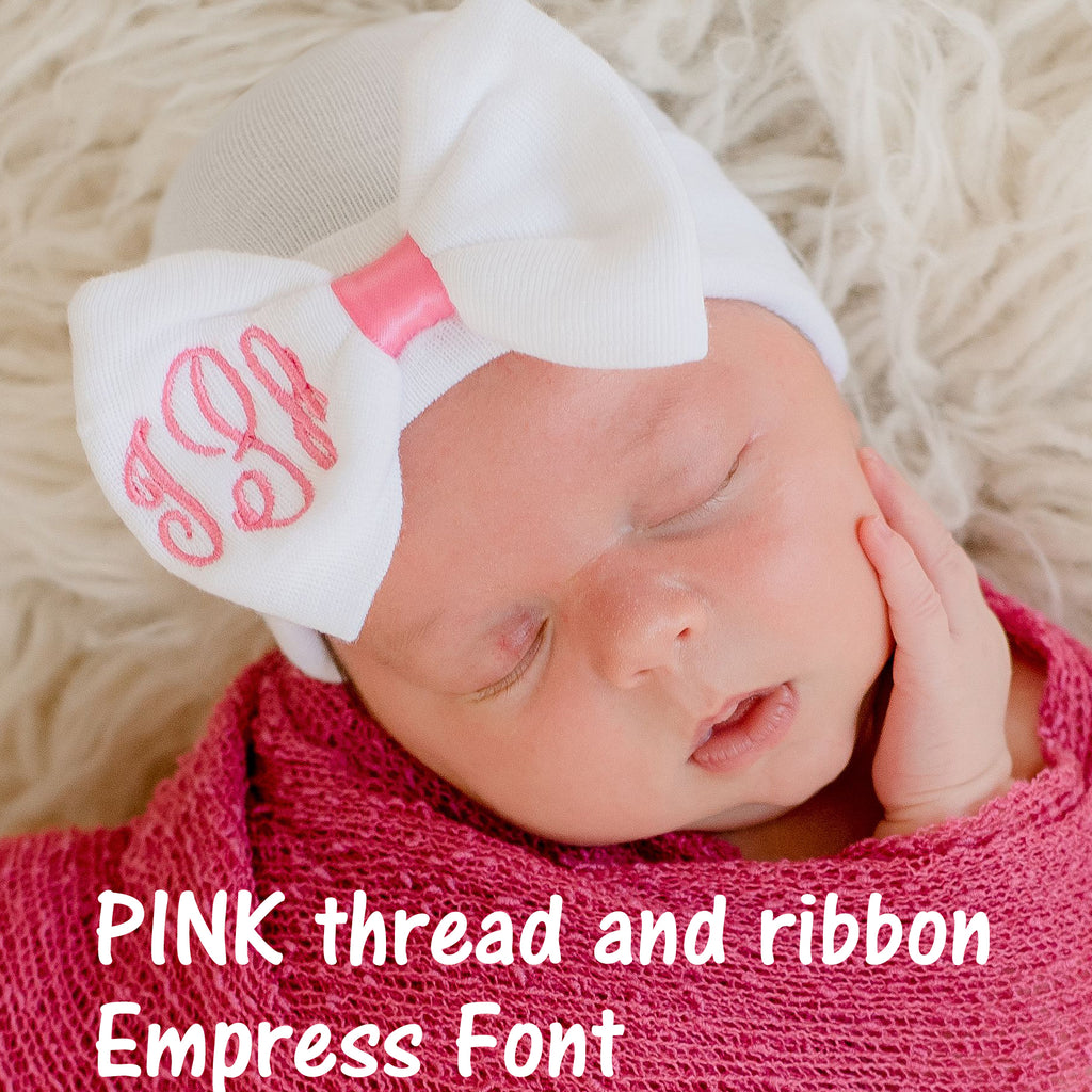 Newborn Baby Girl Hospital Beanie Hat with Monogrammed Bow, White Color Baby Hat