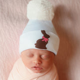 Pink Ribbon Chocolate Bunny Pom Pom Newborn and Baby Girl Hat Newborn Beanie Hat Infant Hat, White