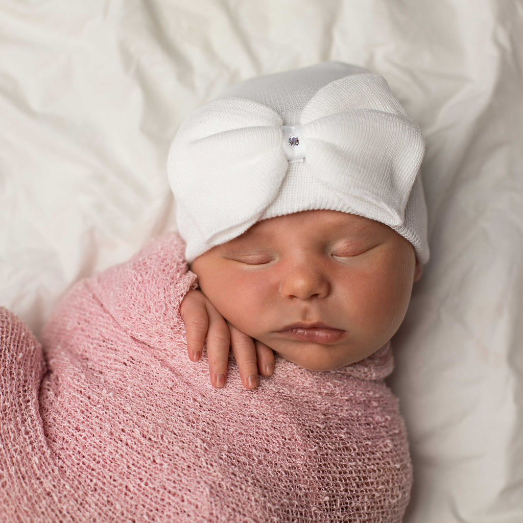 Pure White Big Bow with Gem Baby Girl Newborn Hospital Hat Newborn