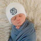 Monogramed Shadow Stitch White Newborn Boy Hospital Beanie Hat Infant Hat Newborn Hat