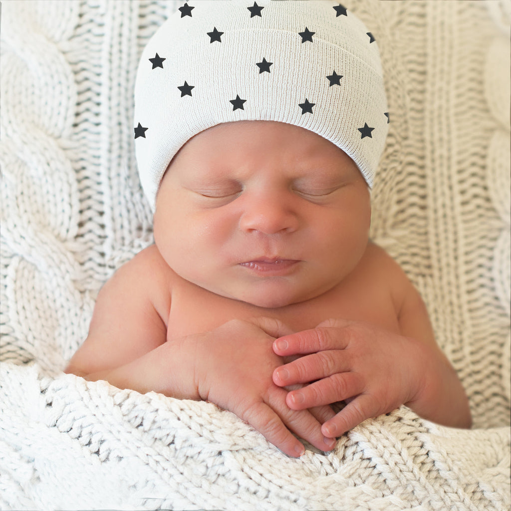 White Newborn Baby Hospital Beanie Hat with Black Stars - Gender Neutral Newborn Hat Infant Hat