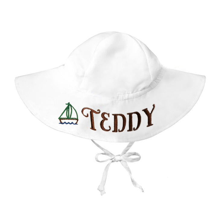 Personalized  Sailboat White Wide Brim Sun Protective Baby and Toddler Sun Hat for Boys Infant Hat Newborn Summer Hat
