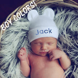 Personalized White Newborn Baby Boy Hospital Beanie Hat with Bear Ears, Pink, Purple, Blue Letters, Infant Hat Newborn Hat