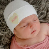 Pink Or White Newborn Girl Hospital Hat with Xoxo Candy Heart Yellow Patch  - Valentines Baby Hat Newborn Hat Infant Hat