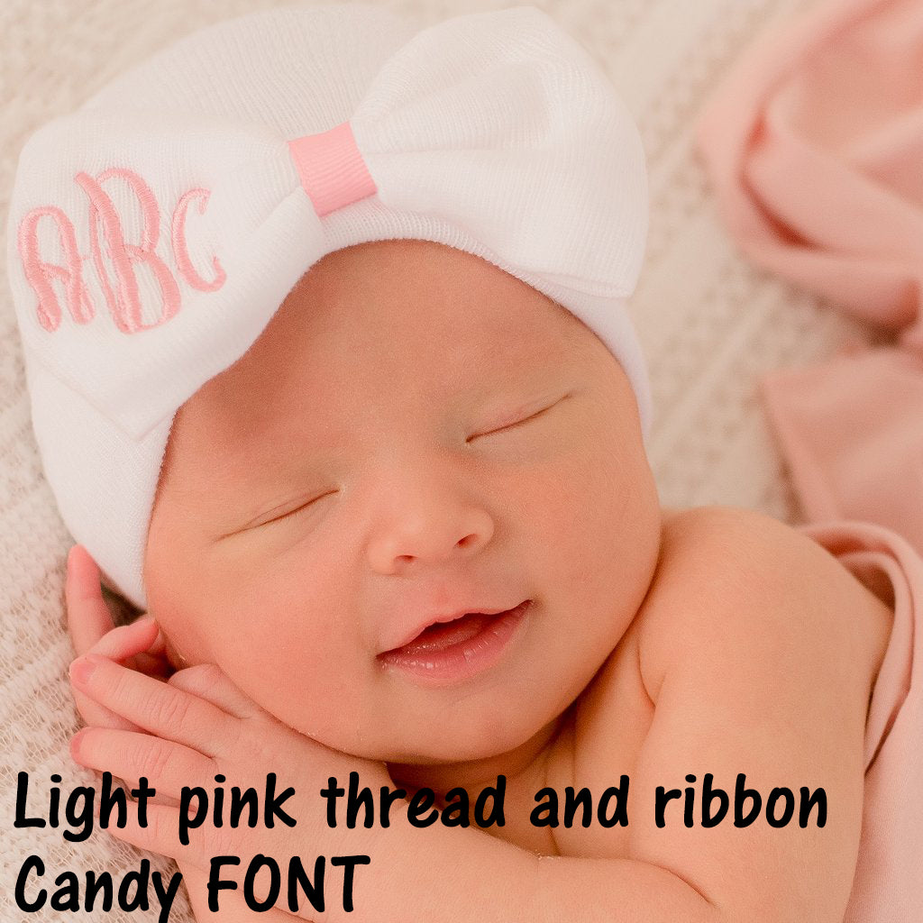Newborn Baby Girl Hospital Beanie Hat with Monogrammed Bow, White Color Baby Hat