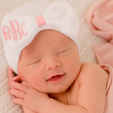 Sweet Candy Newborn Baby Girl Hospital Nursery Beanie Hat with Bow - White Hat with Pink Ribbon Infant Winter Hat