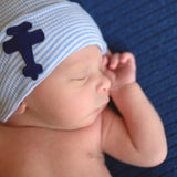 Newborn Baby Boy Welcome Home Hospital Hat, Blue & White Striped Airplane Patch