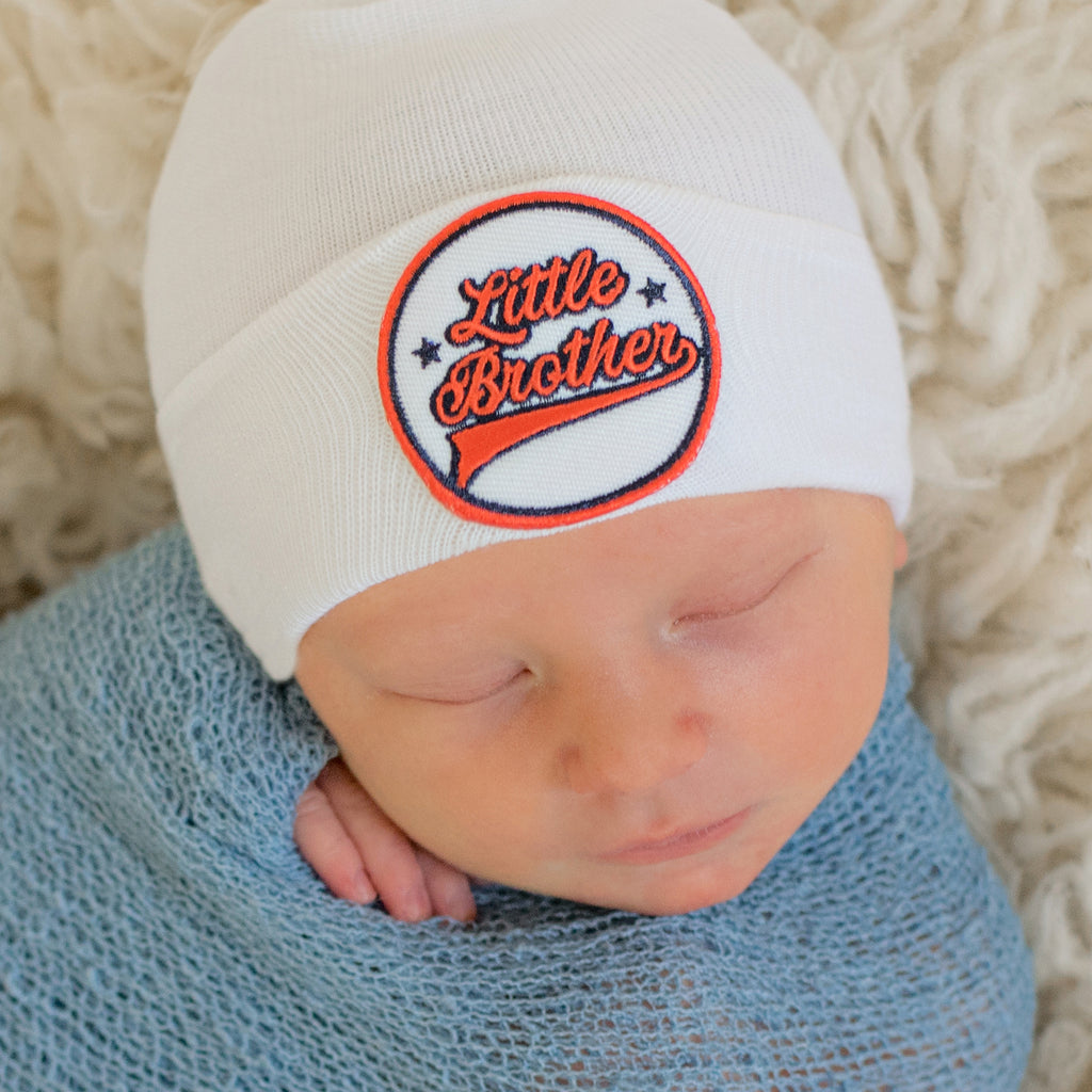 White Color Newborn Baby Girl Hospital Beanie Hat, Baseball Font - Little Brother Patch - Red and Navy Blue