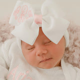 Monogrammed Newborn White Beanie Hat With White Bow and Light Pink Center Infant Hat Newborn Hat