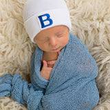 White Newborn Boy Beanie With Blue Collegiate Letter Patch Hospital Hat, Infant Beanie Hat, Newborn Beanie Hat