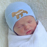 Blue or White Newborn Beanie Hospital Hat With Baby Bear Patch, Infant Beanie Hat For Boys