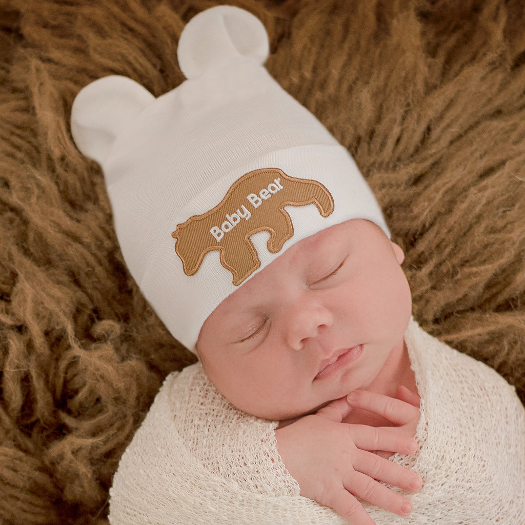 White or Blue Newborn Baby Boy or Girl Hospital Nursery Beanie Hat with Bear Ears - Gender Neutral Infant Hat Newborn Hat