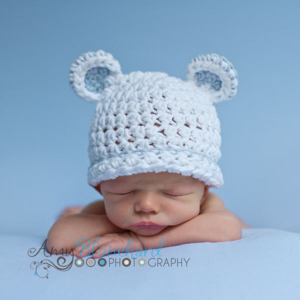 White Sugar Bear For Boy with Light Blue Trim Infant Winter Hat Newborn Crochet Baby Hat