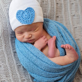 White Color Newborn Baby Boy Hospital Beanie Hat with Big Blue Patch Crochet Heart