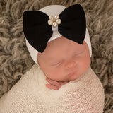 White Color Newborn Baby Girl Hospital Beanie Hat With Audrey Black Bow and Pearl Flower Gem, Infant Hat Newborn Hat