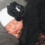 White Newborn Baby Girl Hospital Beanie Hat with Chic Layered Black Silk Flower with Pearl Rhinestone Center