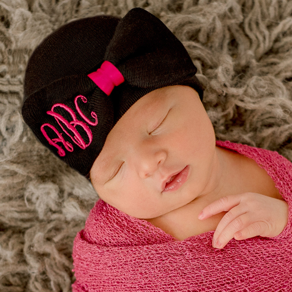 Newborn Baby Girl Hospital Beanie Hat with Monogrammed Initials Bow, Black Color, Infant Hat Newborn Hat