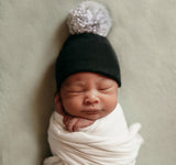 Newborn Baby Boy Hospital Beanie Hat, Black, Grey and White Pom Pom Infant Hat Newborn Hat