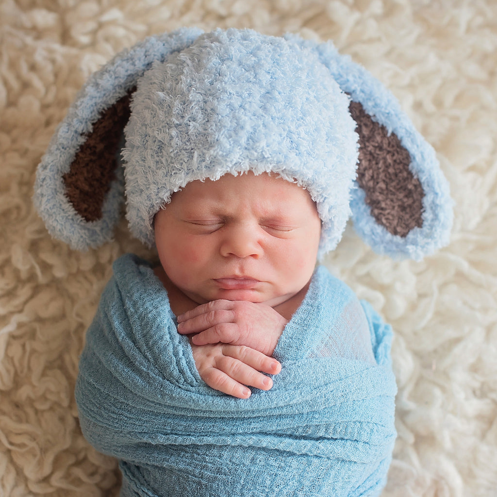 Baby Blue and Brown Bunny Bop Easter Hat Infant Winter Hat Newborn Crochet Baby Hat
